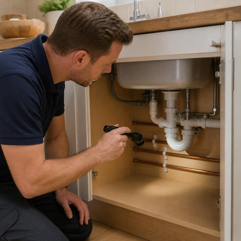 Plumber examining exposed pipework beneath a kitchen sink