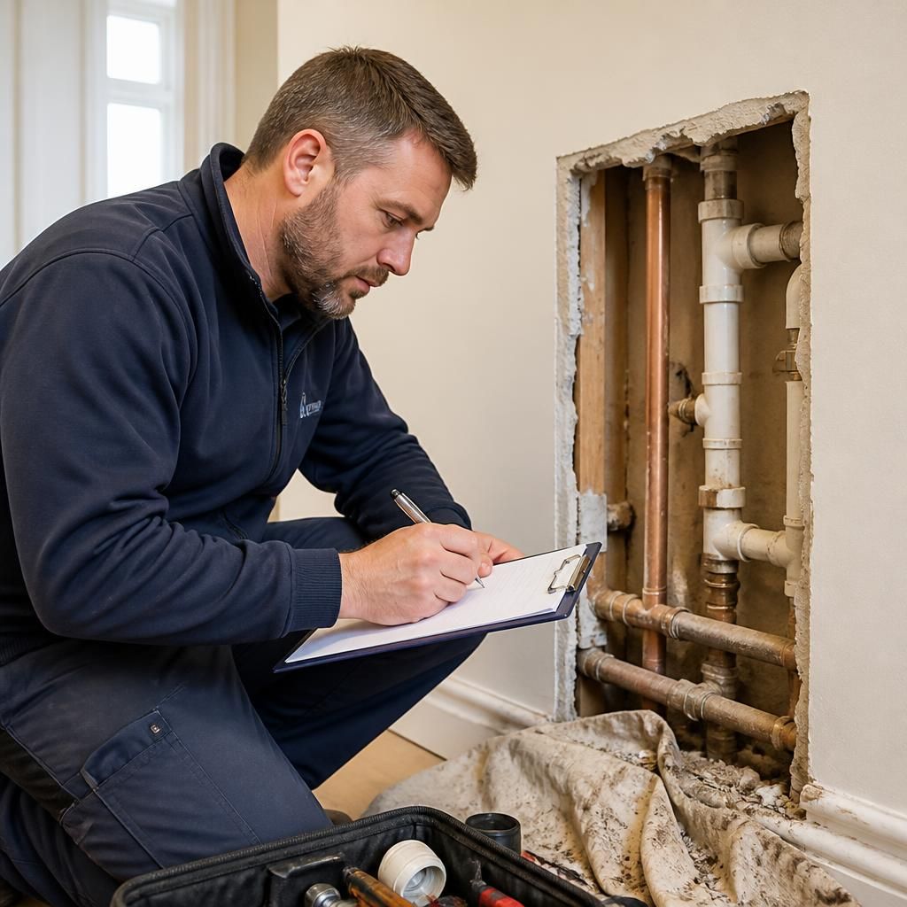 Plumber recording pipe repair details beside an exposed wall section