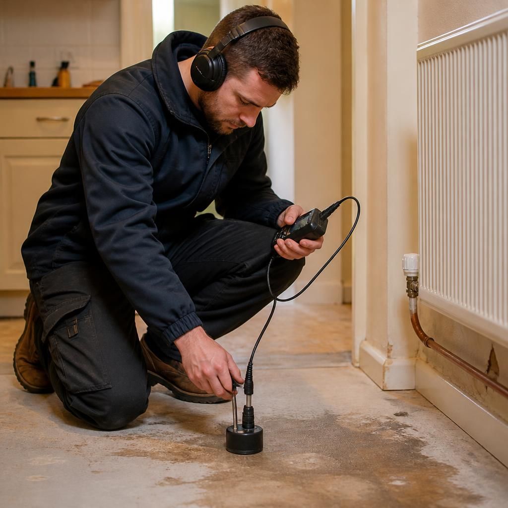 Plumber using acoustic equipment to trace a concealed burst pipe beneath a floor