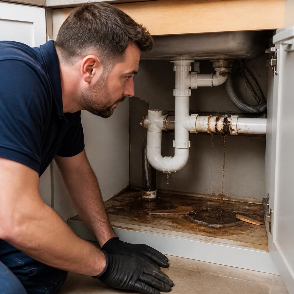 Plumber examining a damaged pipe beneath a kitchen sink