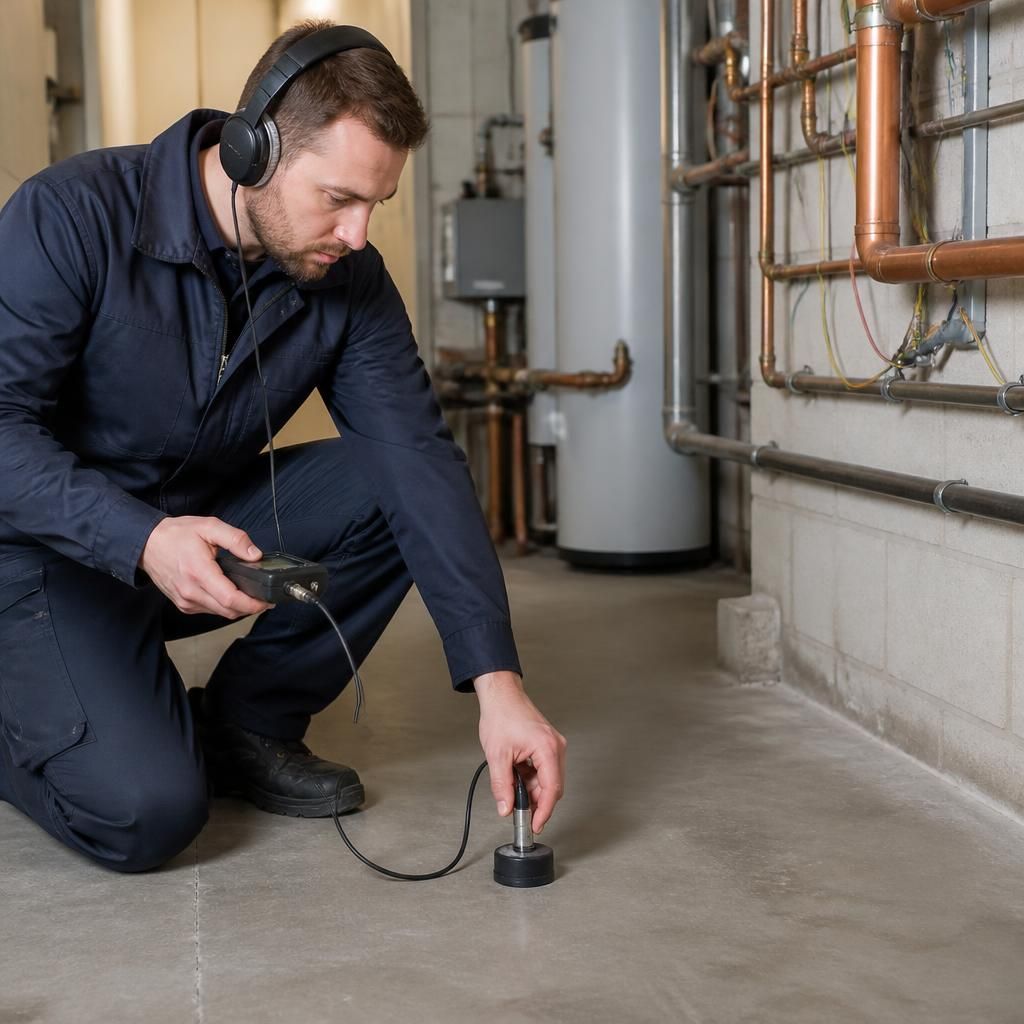 Engineer using acoustic equipment to trace a concealed leak in commercial pipework