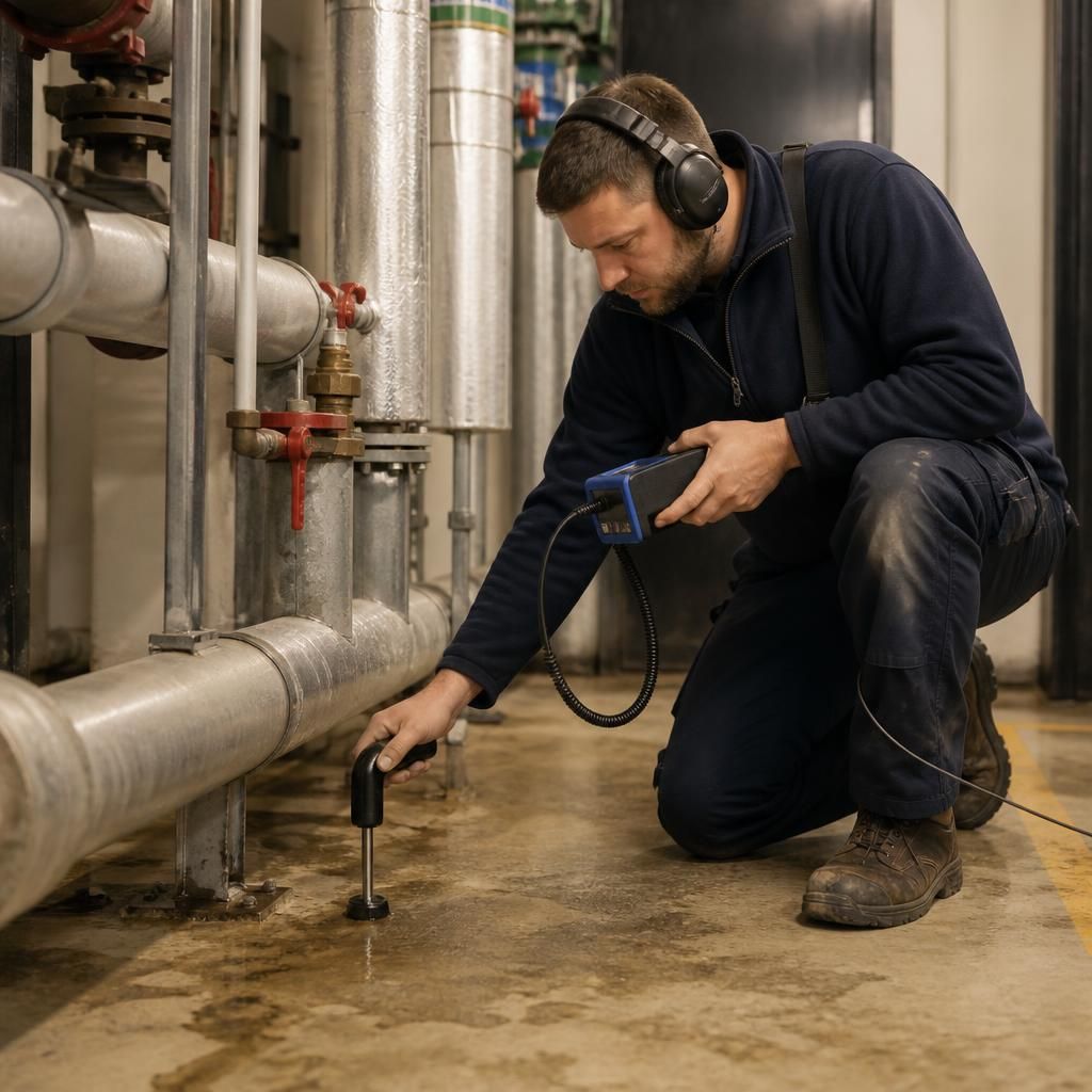 Engineer using acoustic leak detection equipment beside commercial pipework