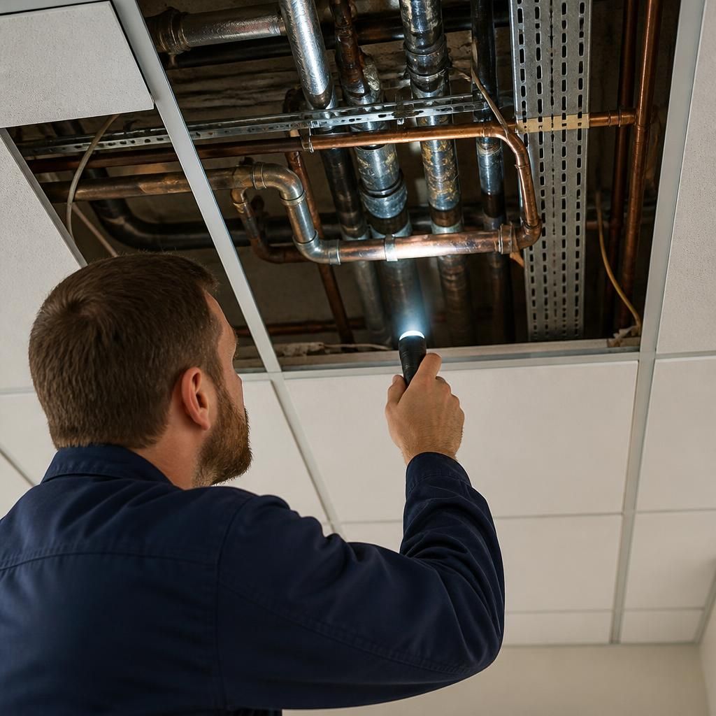 Plumber inspecting exposed commercial pipework beneath a suspended ceiling