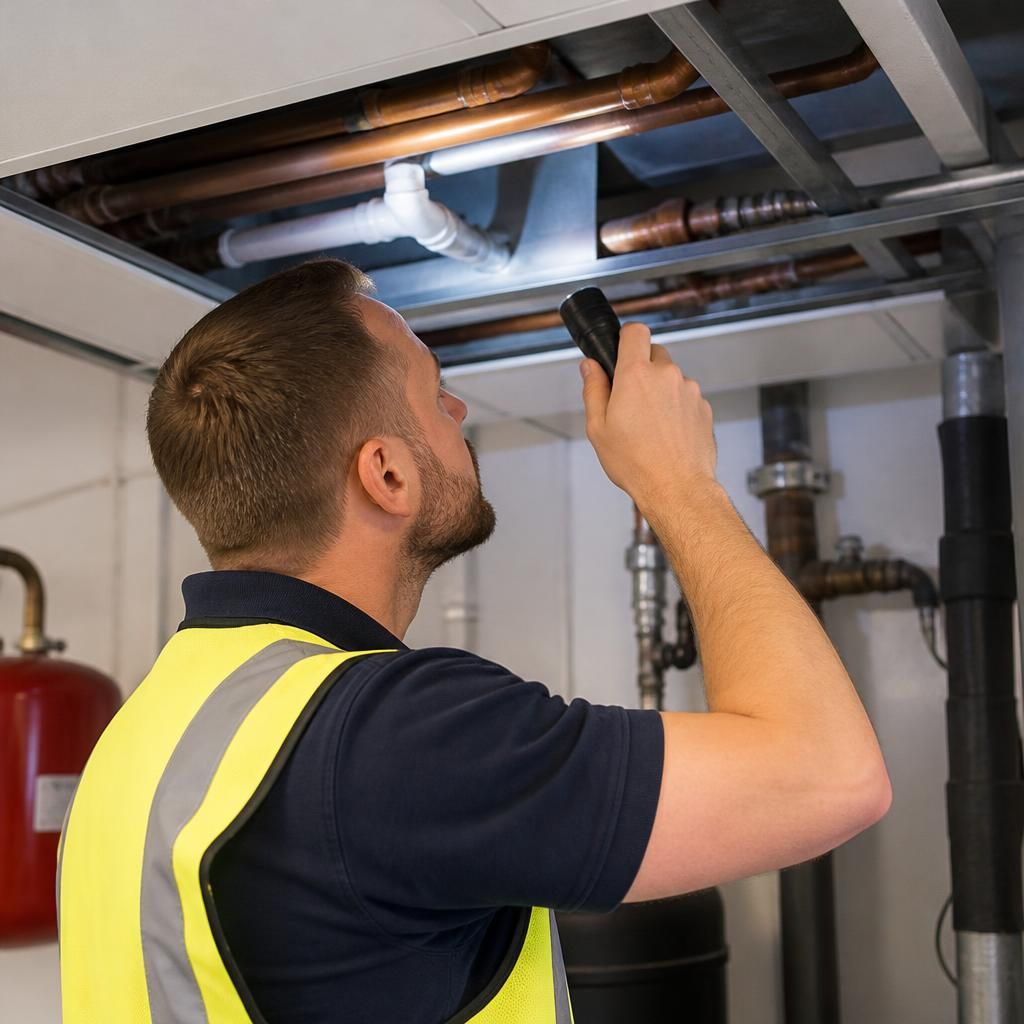 Technician inspecting commercial pipework beneath a suspended ceiling