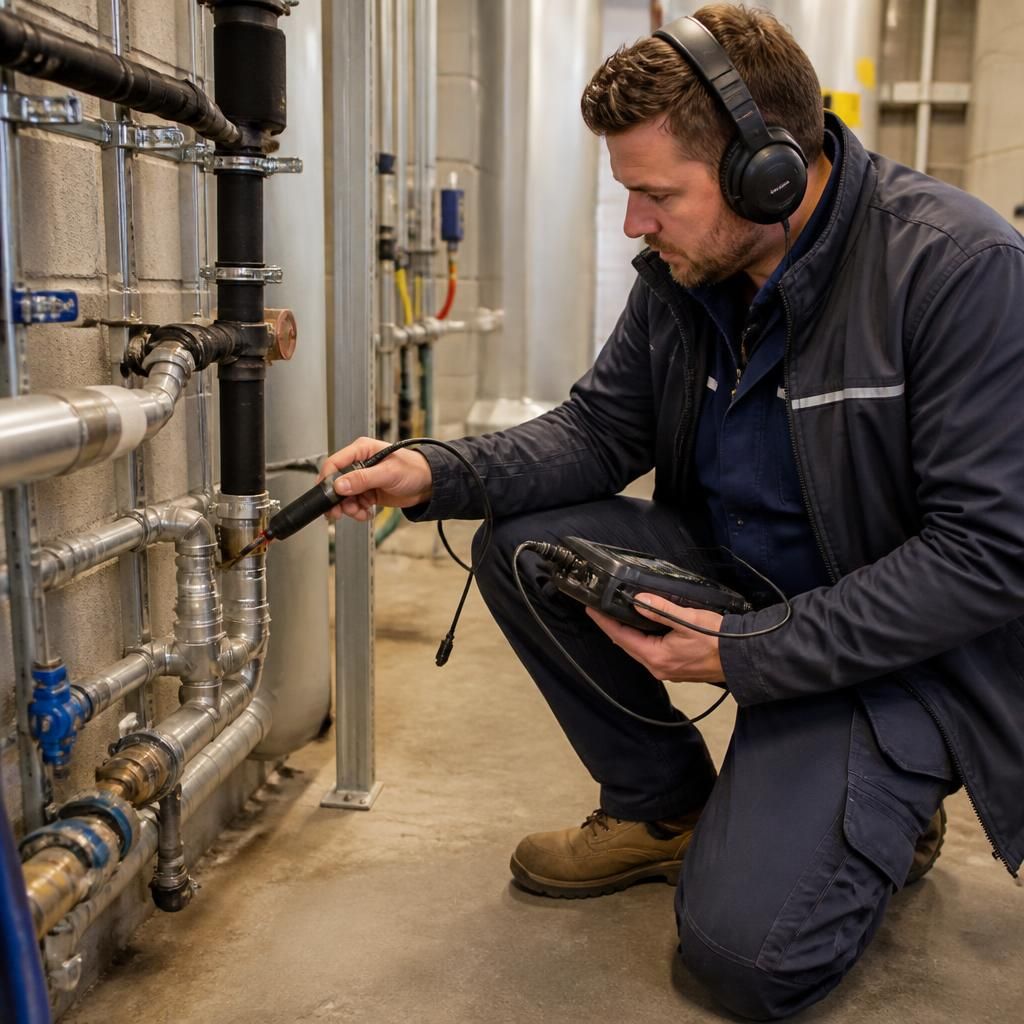 Engineer using acoustic leak detection equipment beside pipework in a commercial plant room