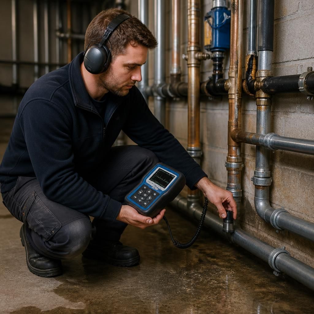 Commercial plumber using acoustic leak detection equipment beside exposed pipework