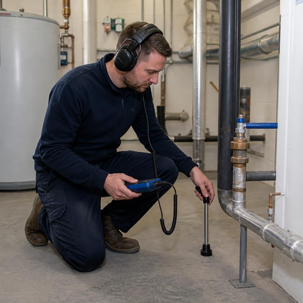 Plumber using acoustic equipment to inspect pipework in a commercial service area