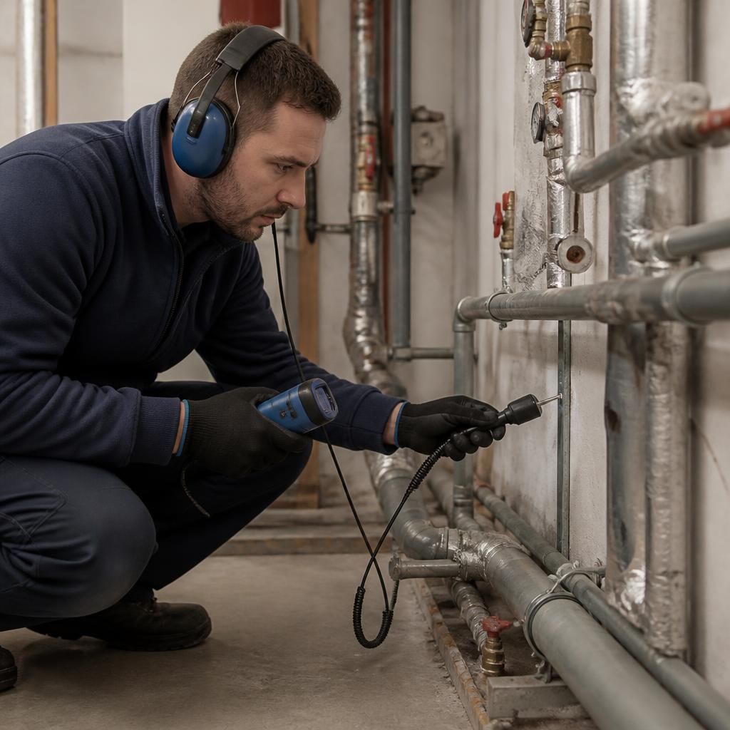 Technician using an acoustic listening device beside exposed commercial pipework