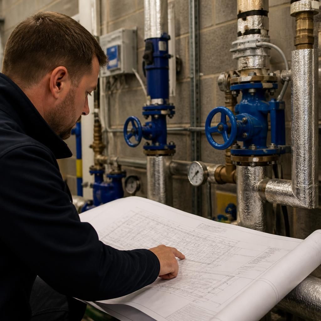 Engineer reviewing commercial plumbing plans beside exposed pipework
