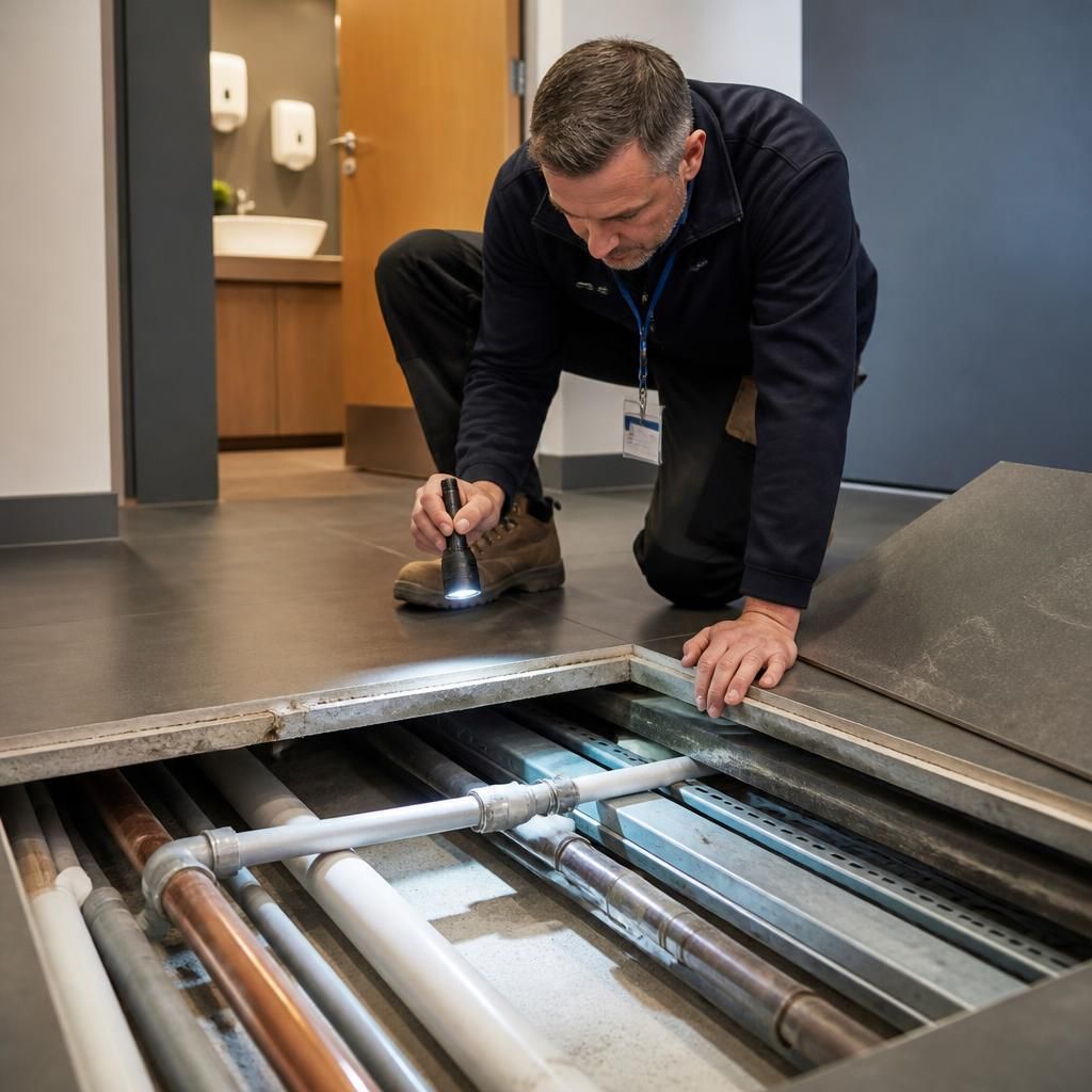 Facilities manager inspecting exposed pipework beneath a commercial building floor