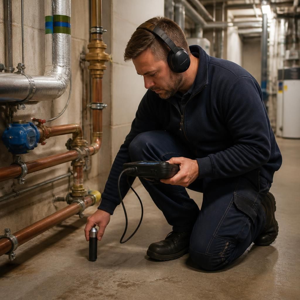 Engineer using acoustic equipment beside commercial pipework