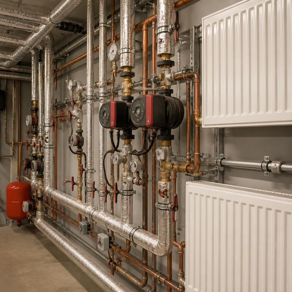 Commercial heating pipework with pumps, valves and radiators