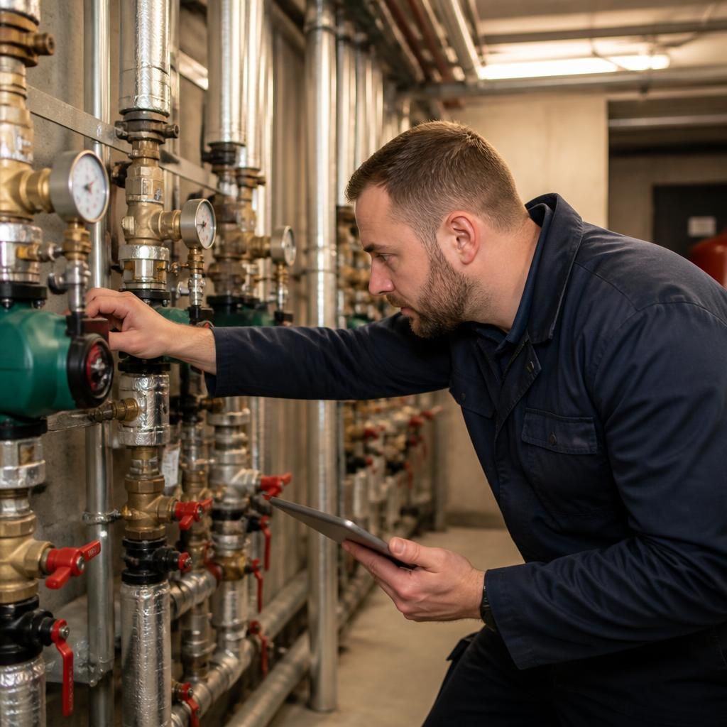 Plumber examining pipework and valves in a commercial plant room