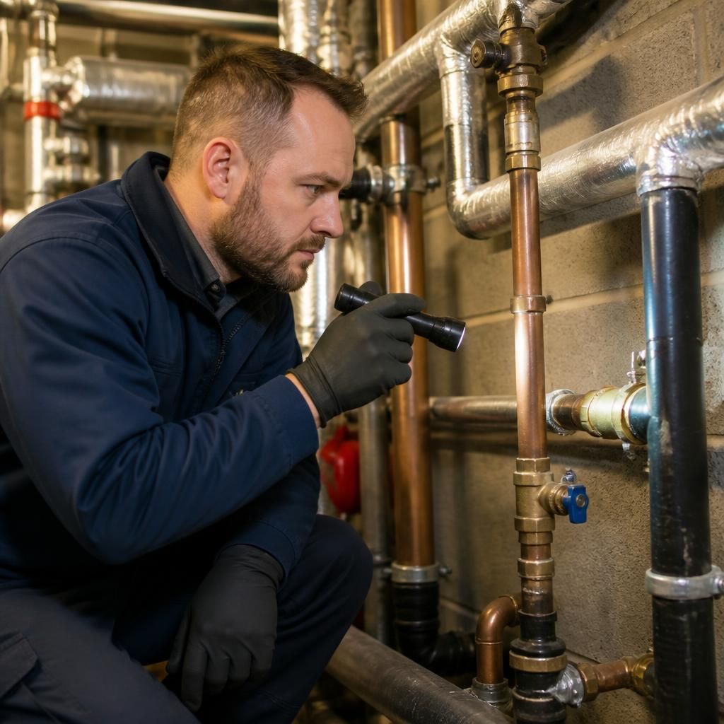 Commercial plumber inspecting exposed pipework in a plant room
