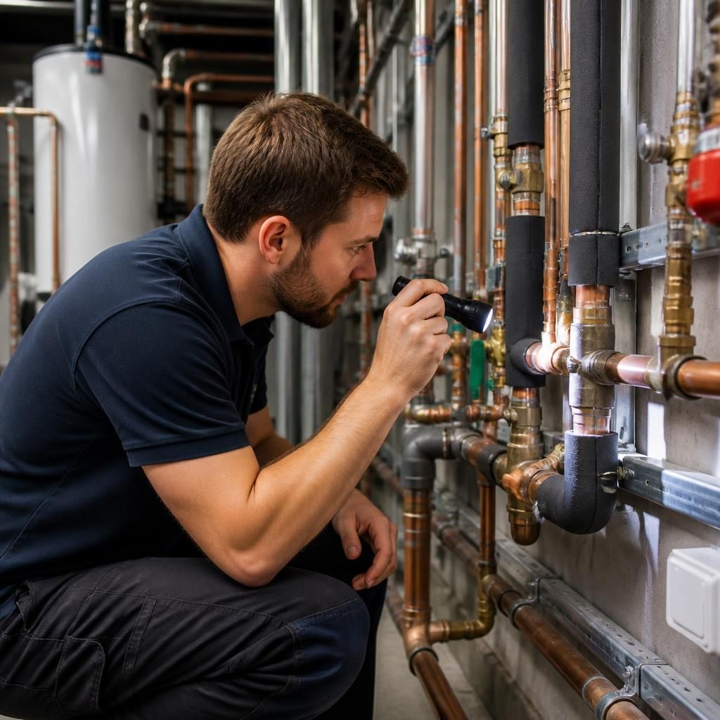 Commercial plumber inspecting exposed pipework in a plant room