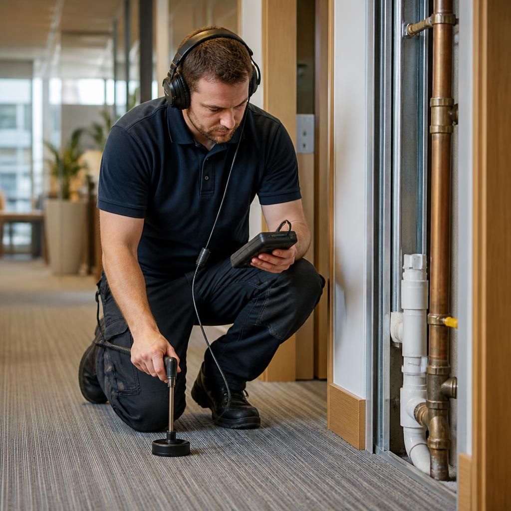 Commercial plumber using acoustic equipment to inspect concealed pipework