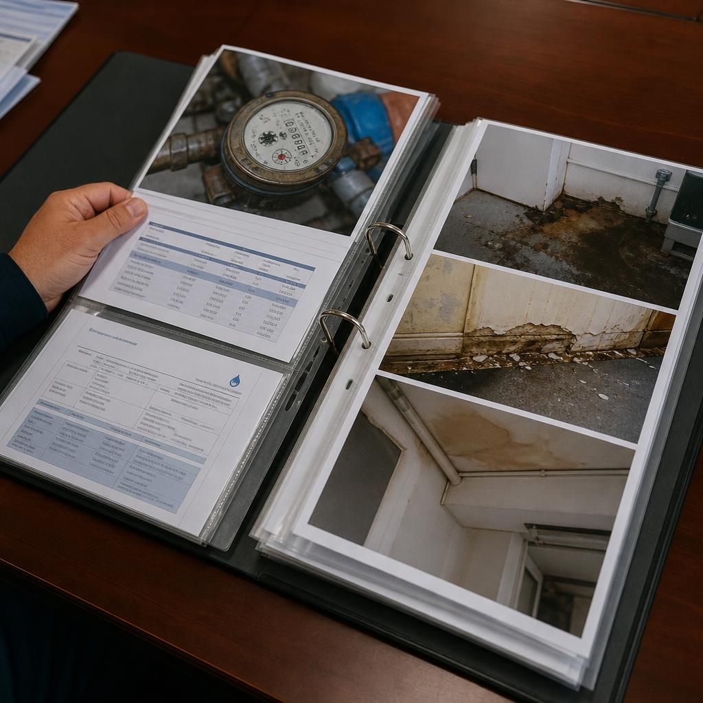 Folder containing water meter readings, repair reports and photographs of commercial water damage
