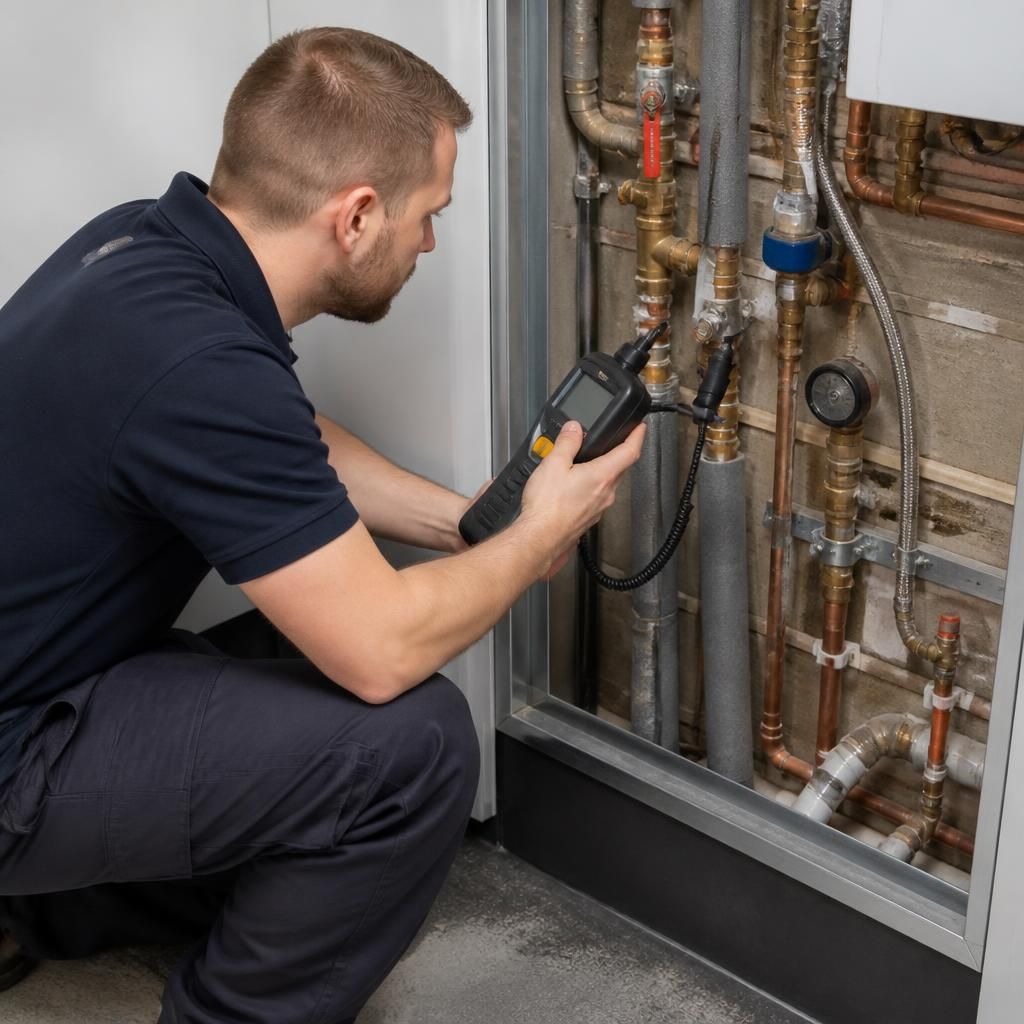 Plumber examining commercial pipework with a moisture meter beside a service panel