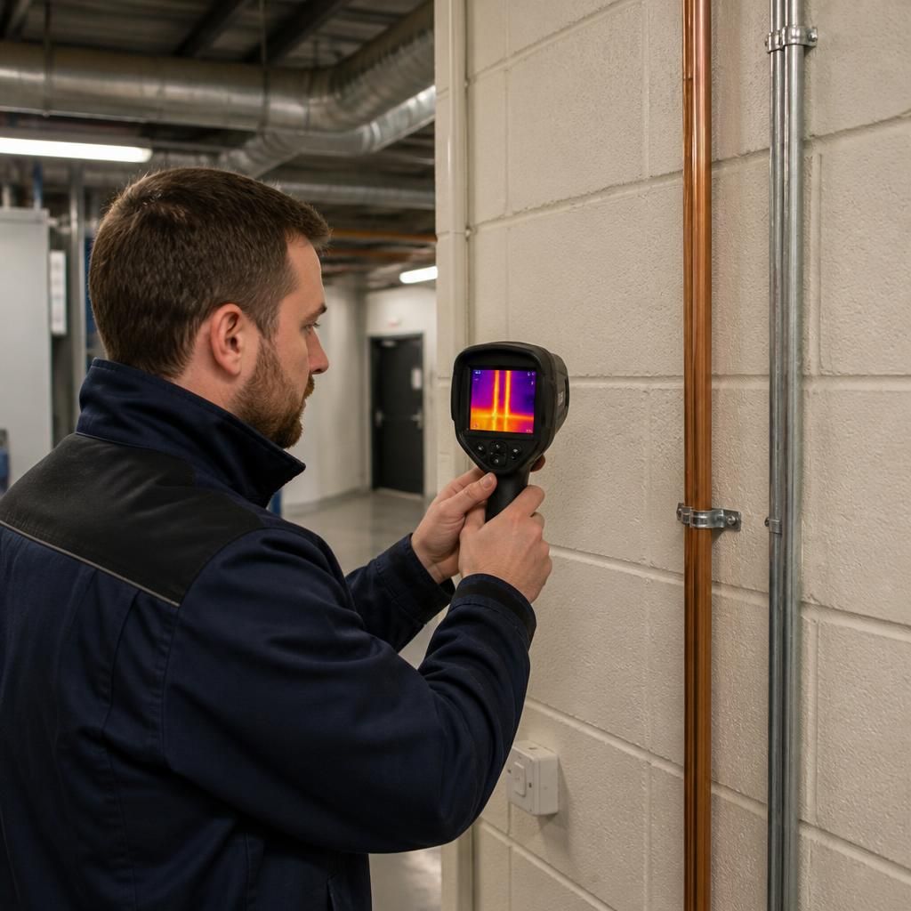 Plumber using thermal imaging equipment to inspect a commercial building wall