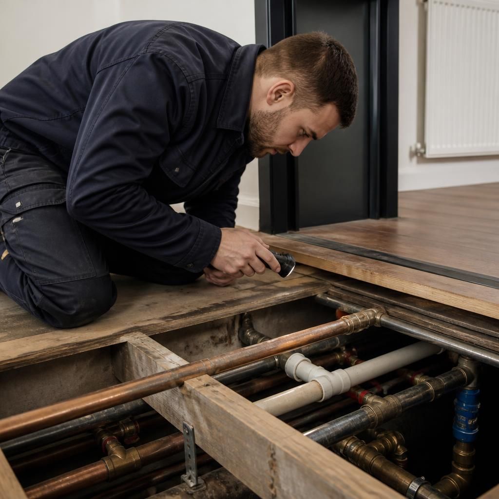 Engineer inspecting exposed pipework beneath a commercial property floor