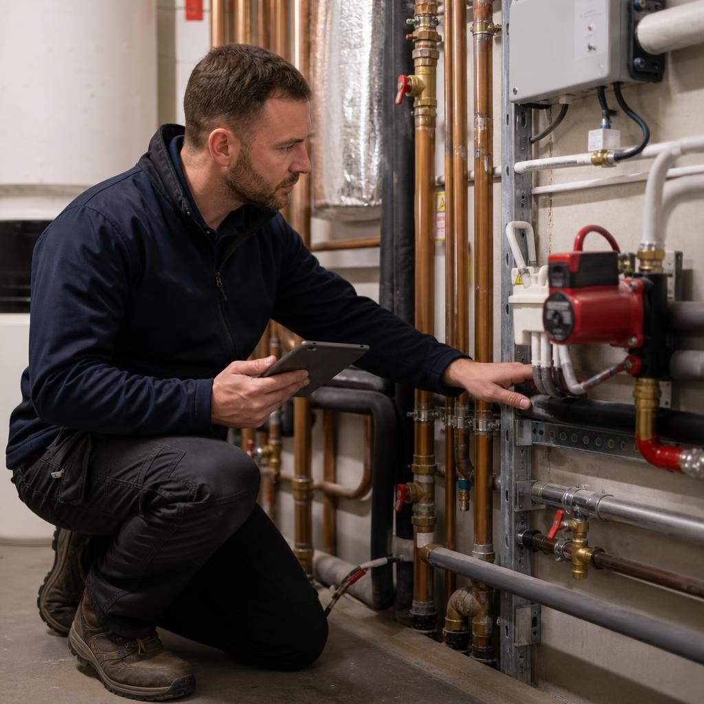 Plumber reviewing commercial pipework and service access points