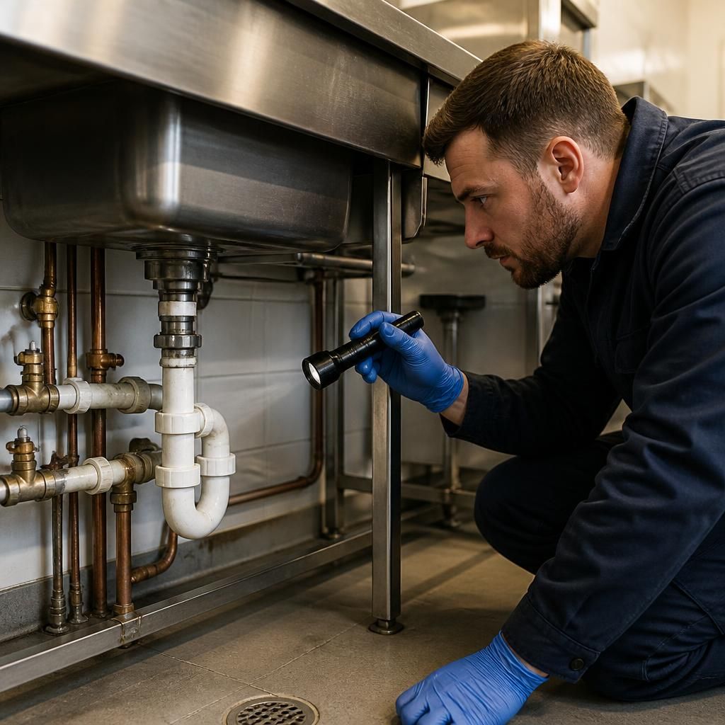 Plumber inspecting pipework beneath a commercial sink