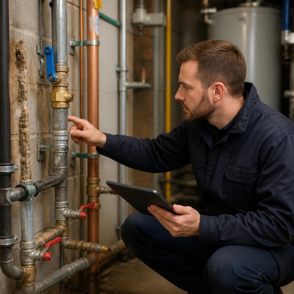 Commercial plumbing inspection beside exposed service pipework