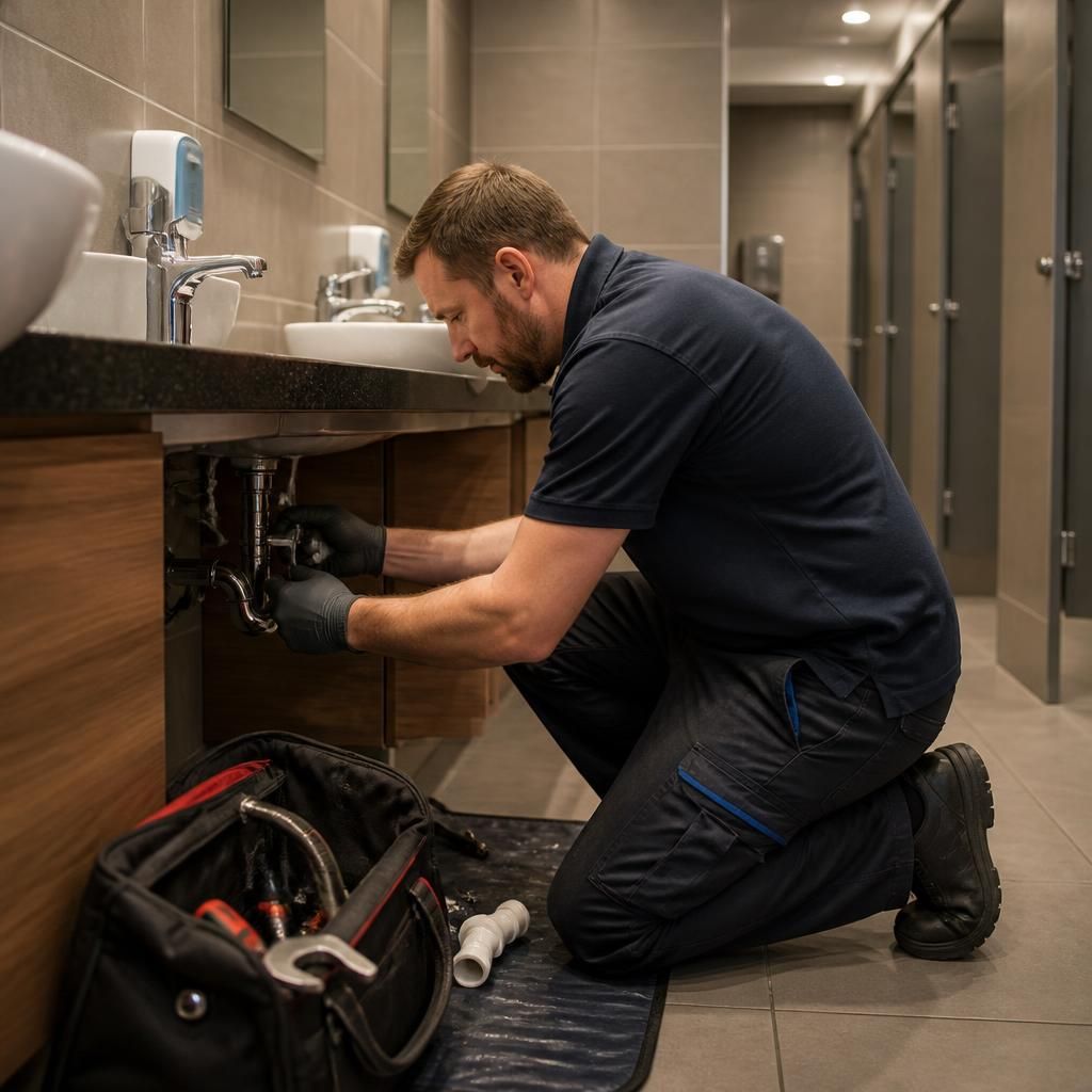 Plumber carrying out careful repair work in a commercial washroom