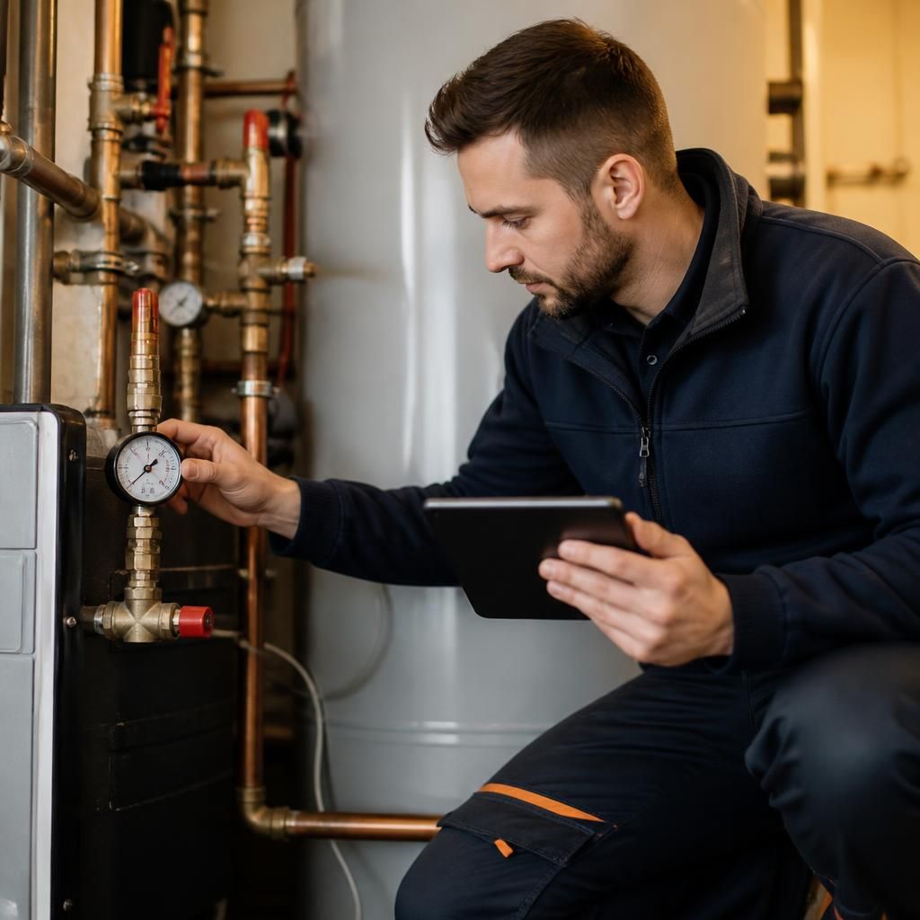 Plumber checking a repaired commercial water system