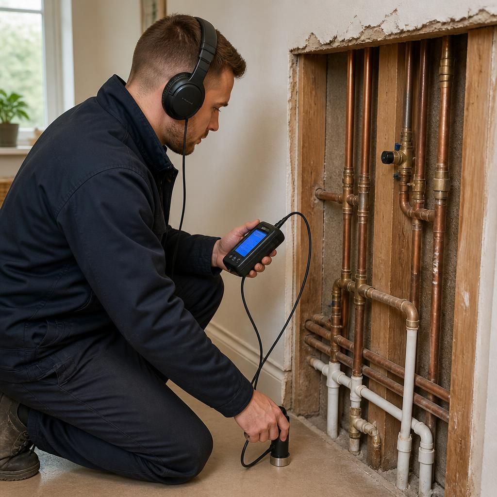 Technician using acoustic listening equipment beside exposed plumbing