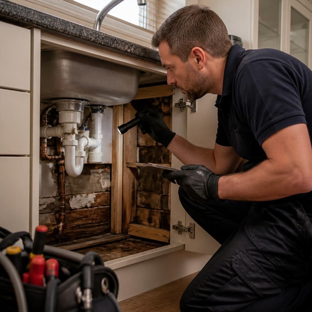 Plumber examining exposed pipework beneath a kitchen sink after locating a water leak