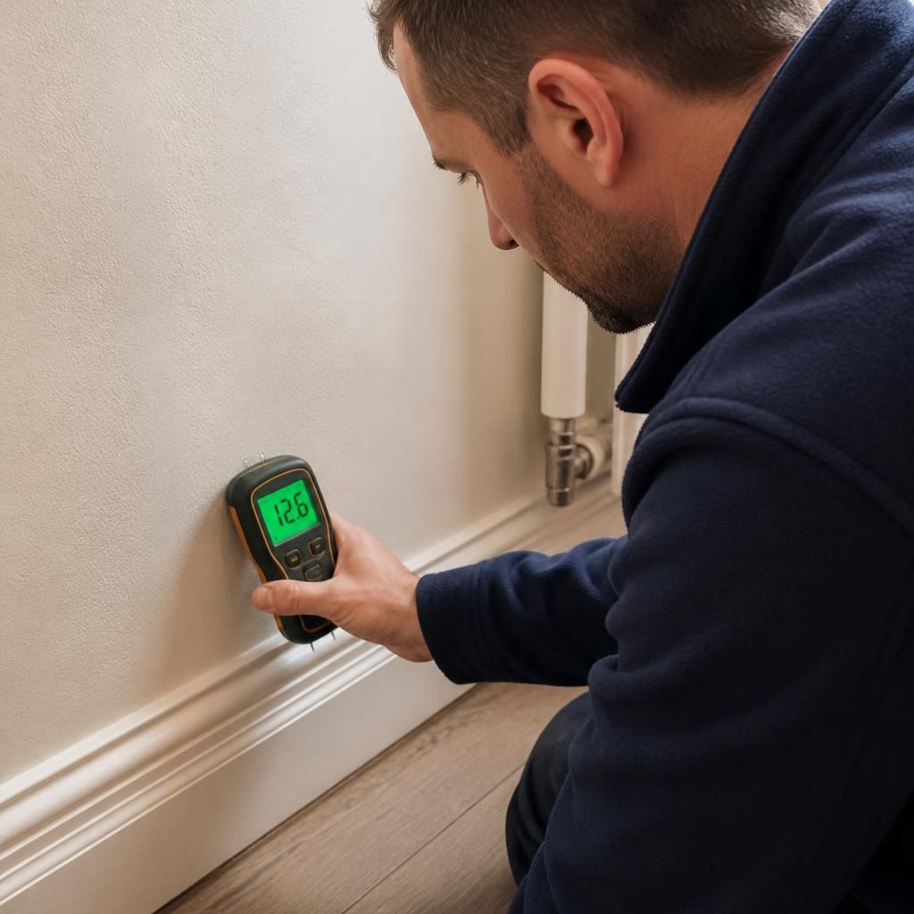 Plumber using a moisture meter beside a skirting board