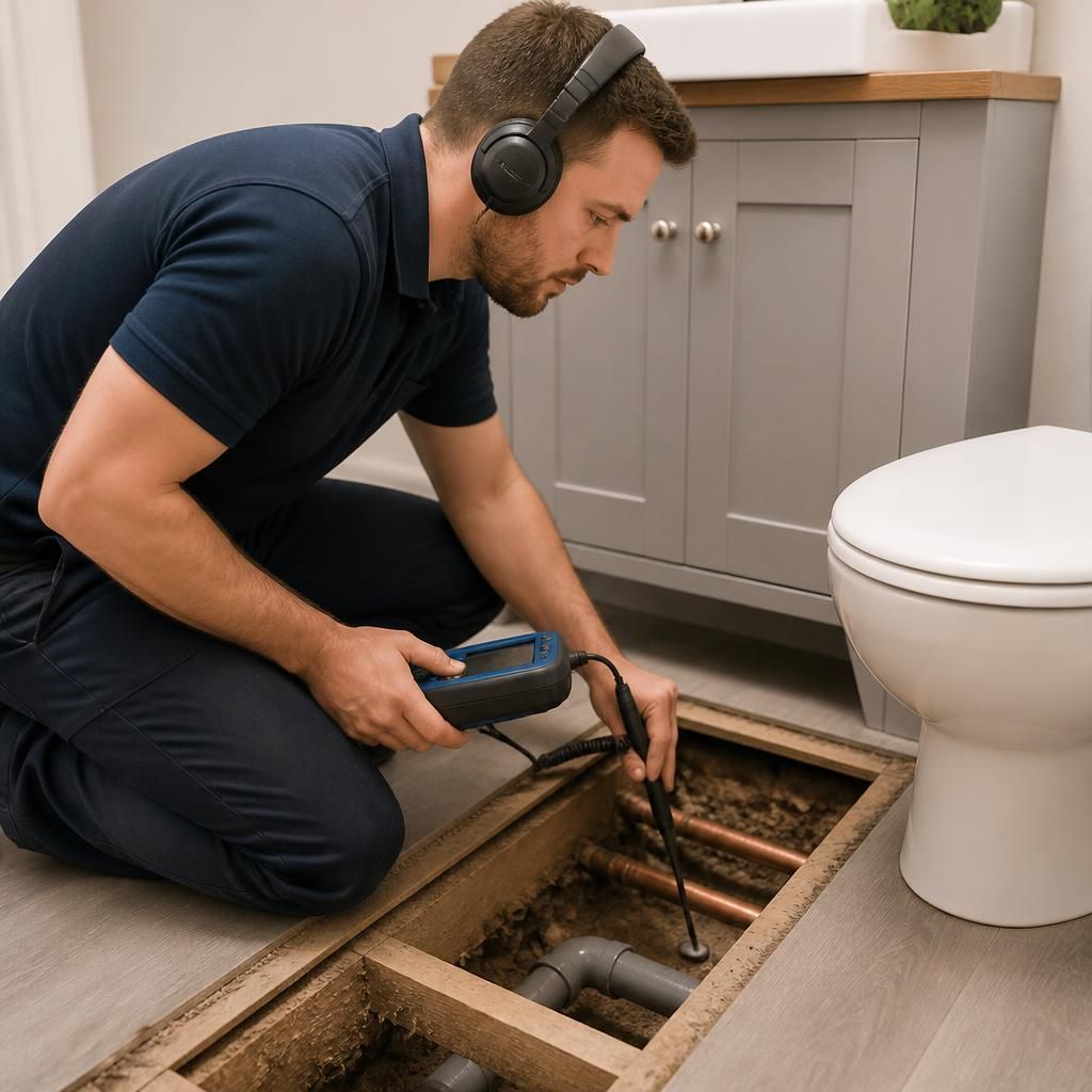 Plumber examining concealed pipework beneath a bathroom floor