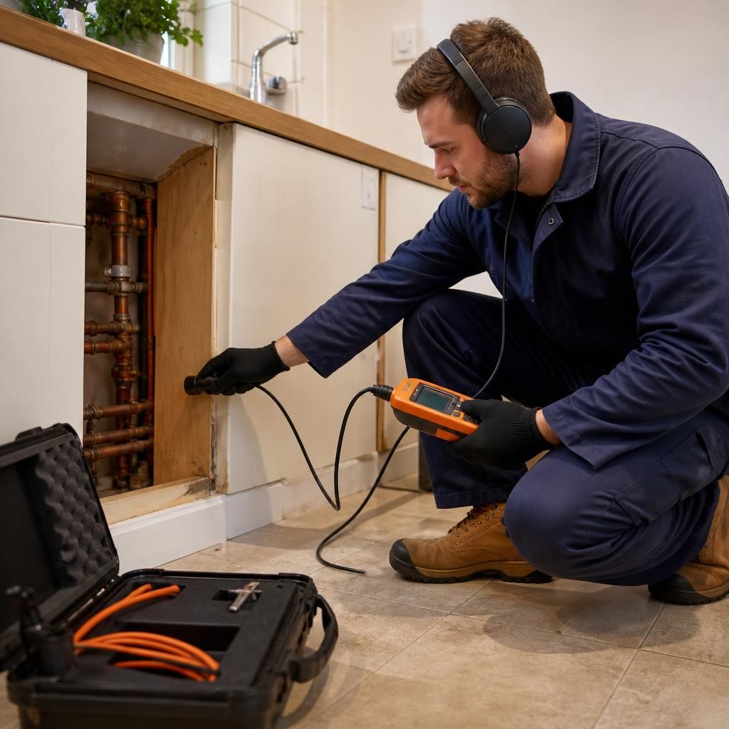 Plumber using specialist equipment to trace a hidden water leak