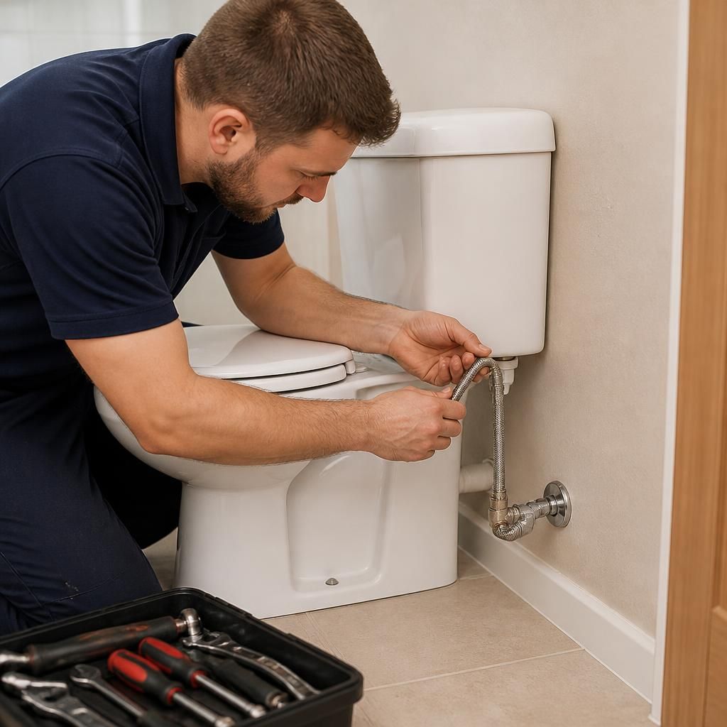 Plumber connecting a toilet cistern to the household water supply