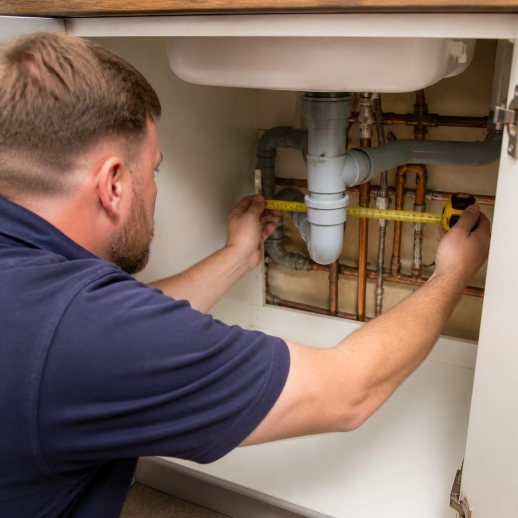 Plumber measuring pipework beneath a kitchen sink during a domestic installation