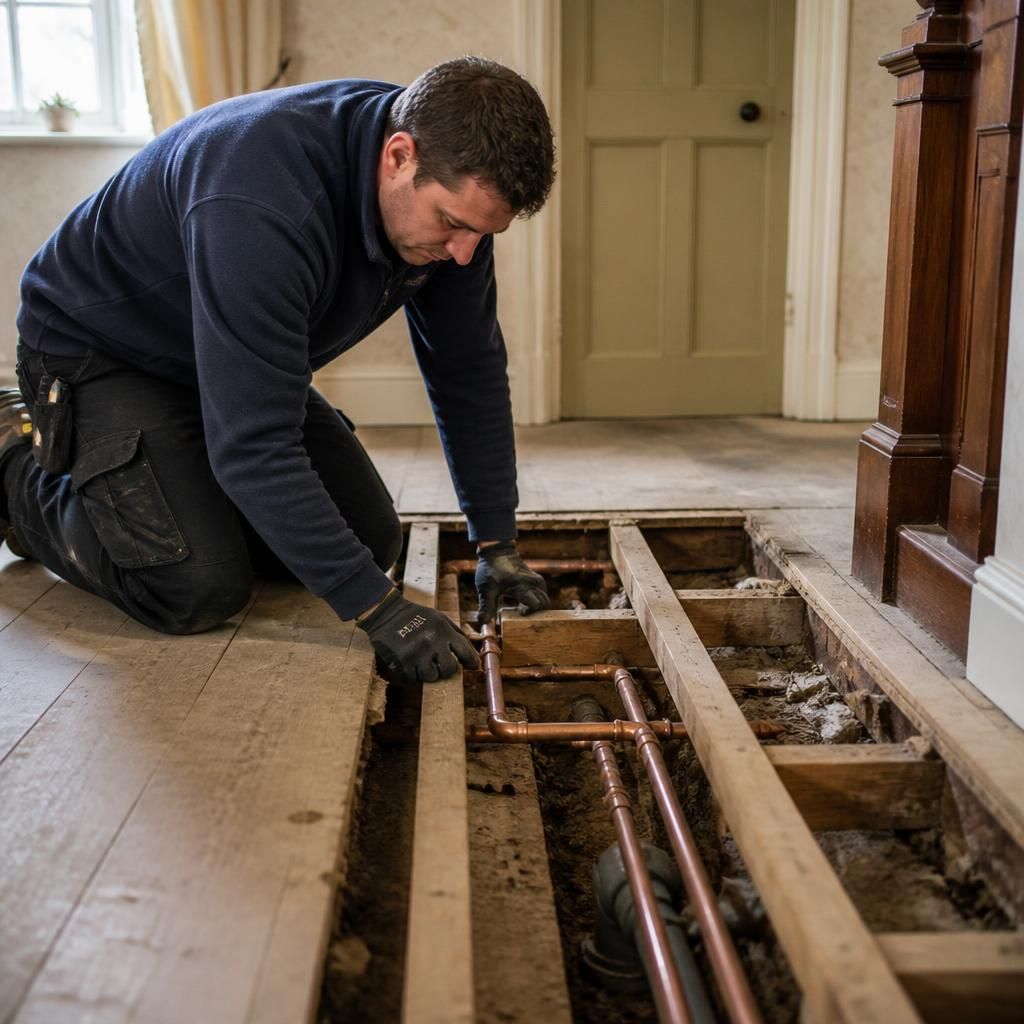 Plumber examining exposed pipework beneath the floor of an older home