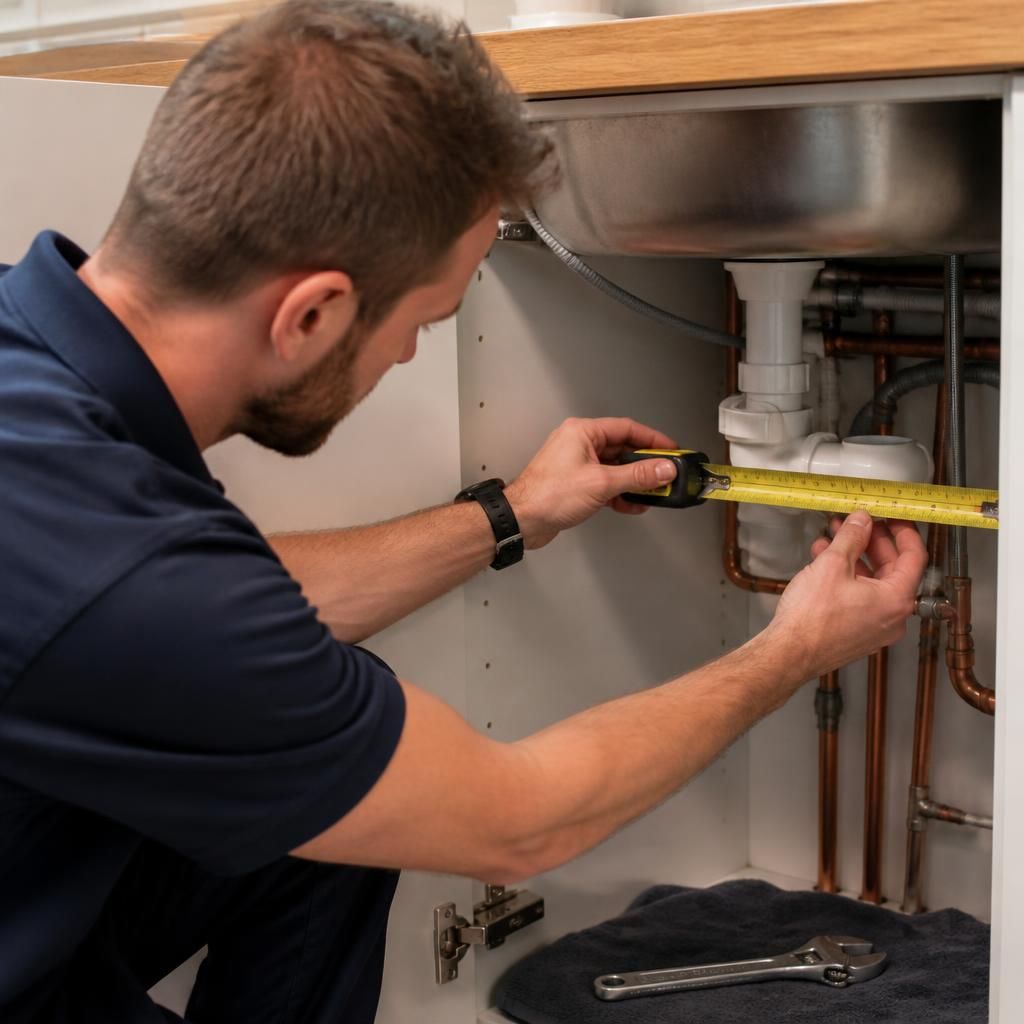 Plumber measuring pipework and checking connections beneath a domestic kitchen sink