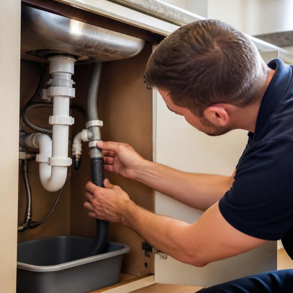 Plumber inspecting pipework beneath a kitchen sink
