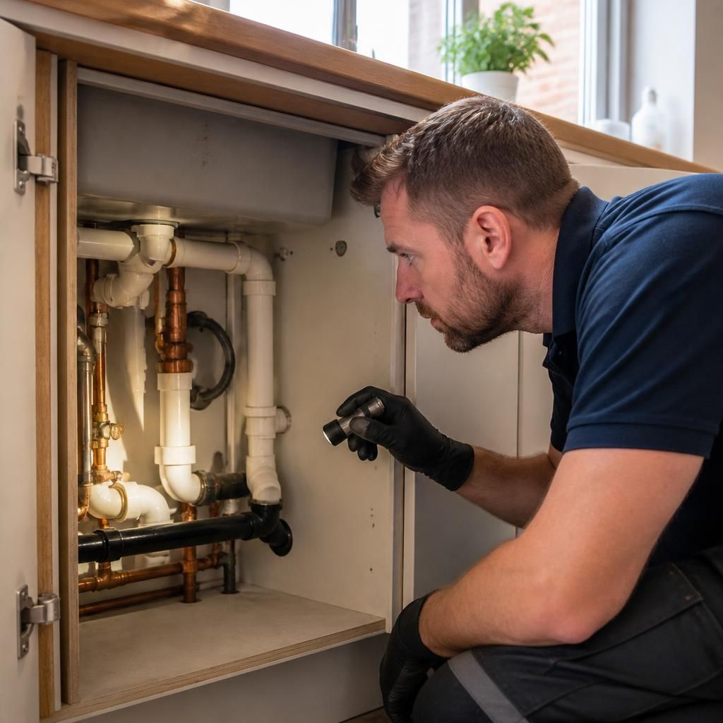 Plumber examining exposed pipework beneath a kitchen sink