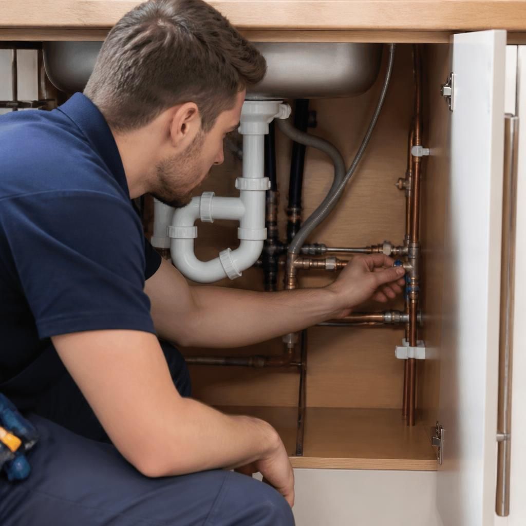 Plumber examining exposed pipework and connections beneath a kitchen sink