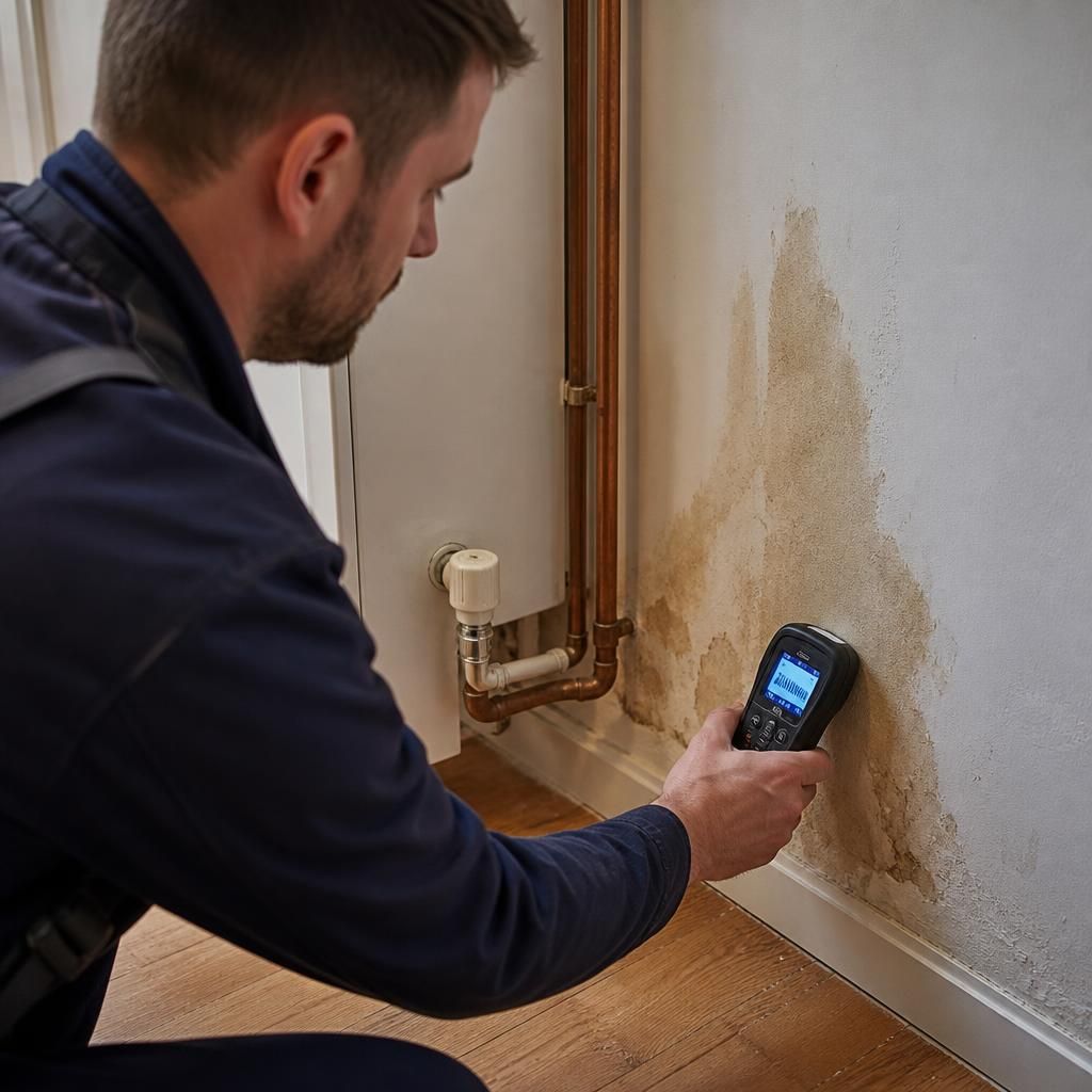Plumber using a moisture meter to inspect a damp wall near household pipework