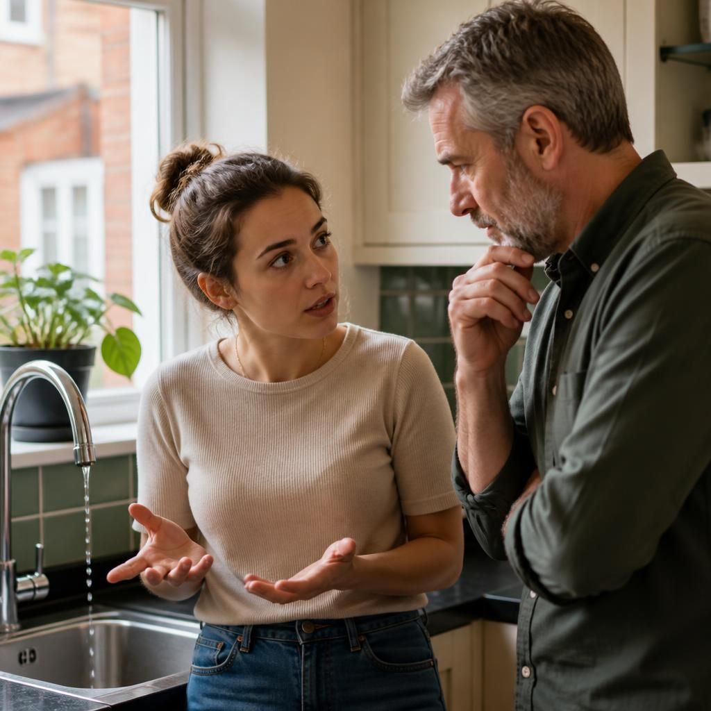 Tenant discussing a leaking kitchen tap with a landlord