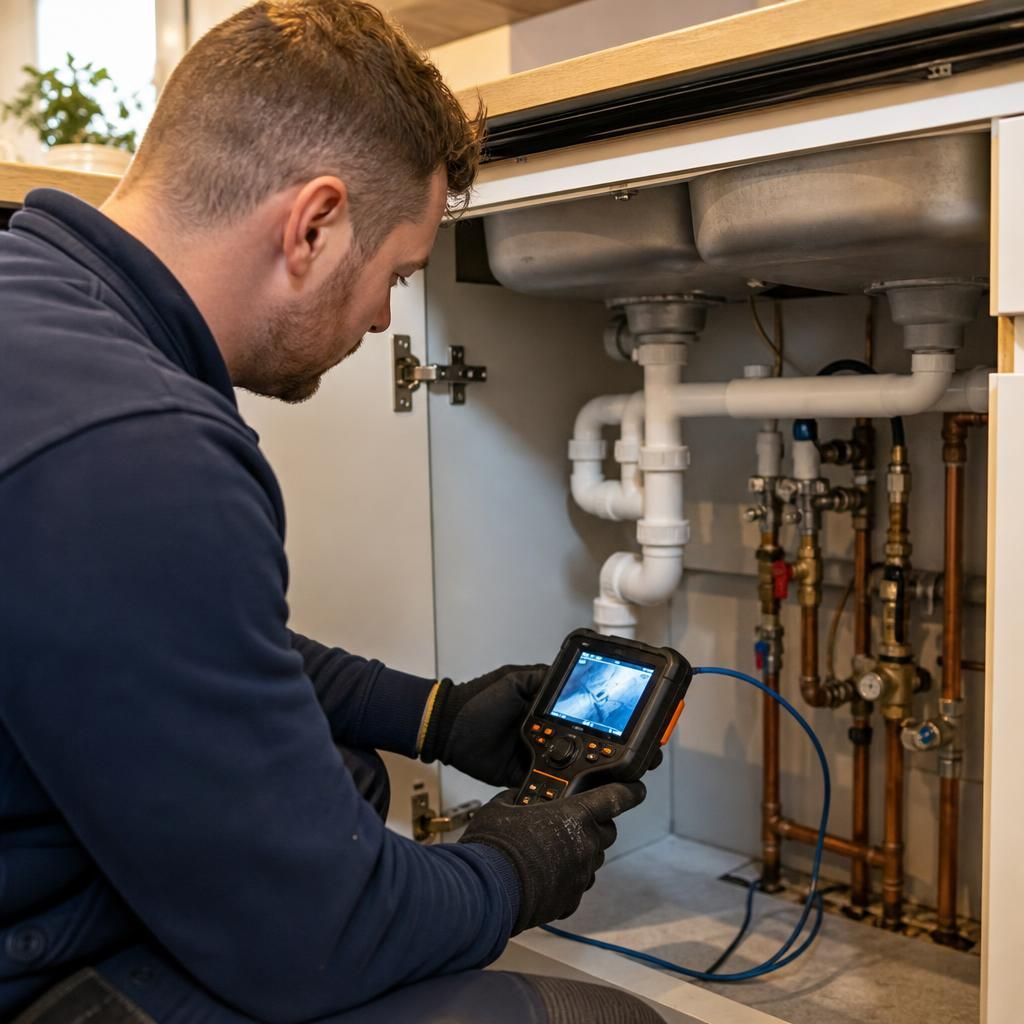 Plumber using a leak detection device beside pipework in a domestic kitchen