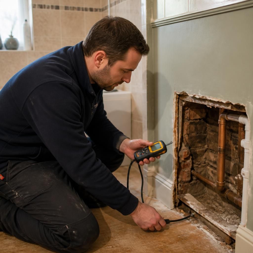 Plumber using a moisture meter beside exposed pipework in an older home