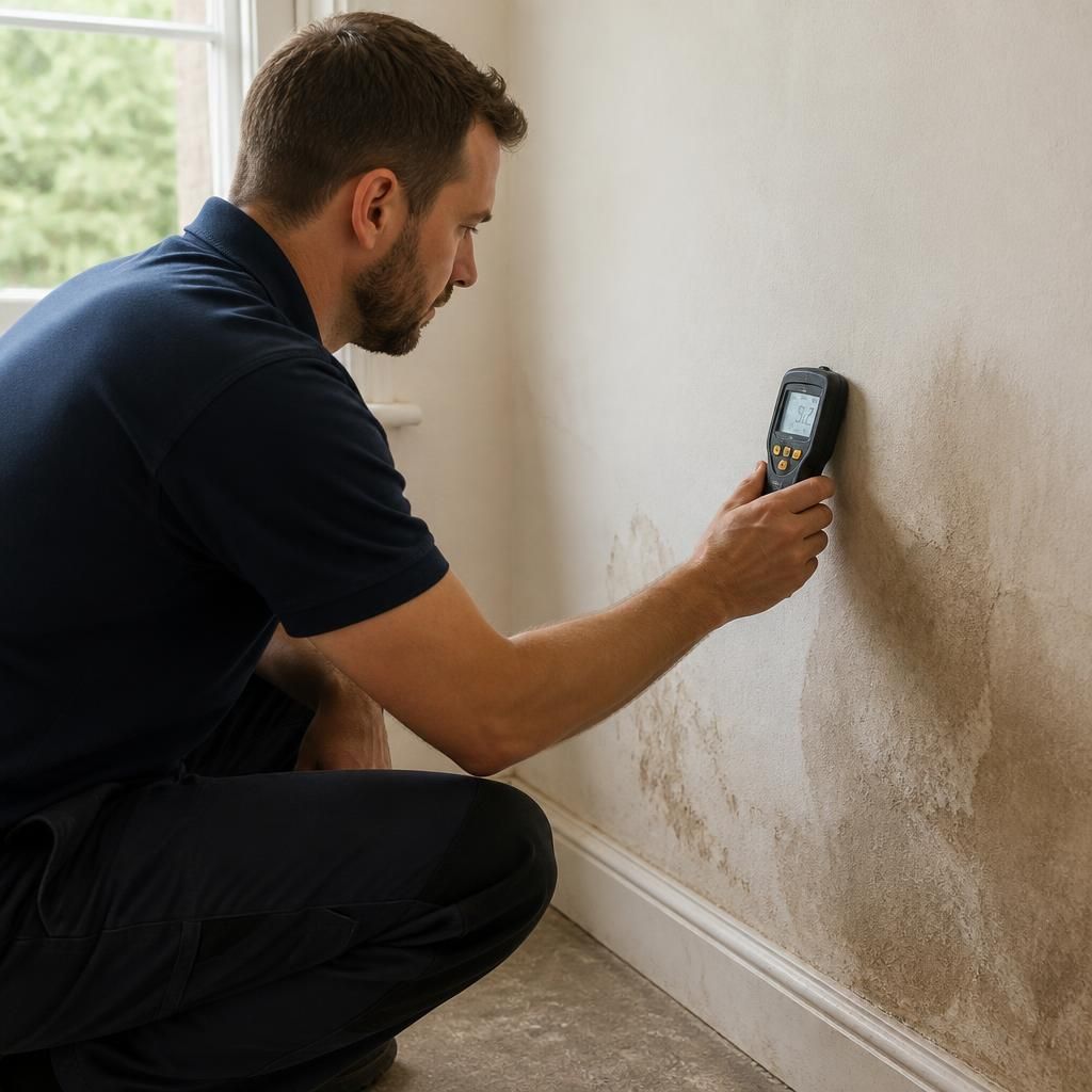 Plumber using a moisture meter beside a damp wall in a domestic room
