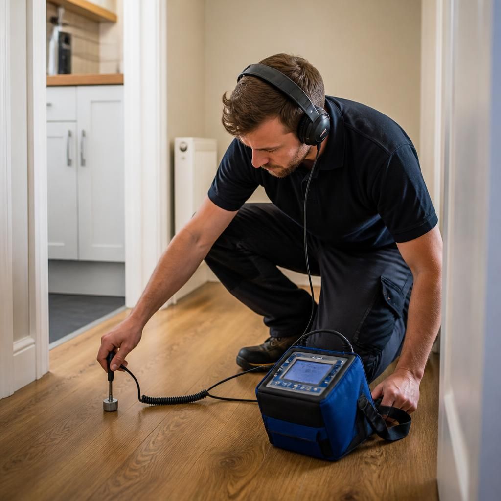 Plumber using acoustic equipment to trace a concealed water leak indoors