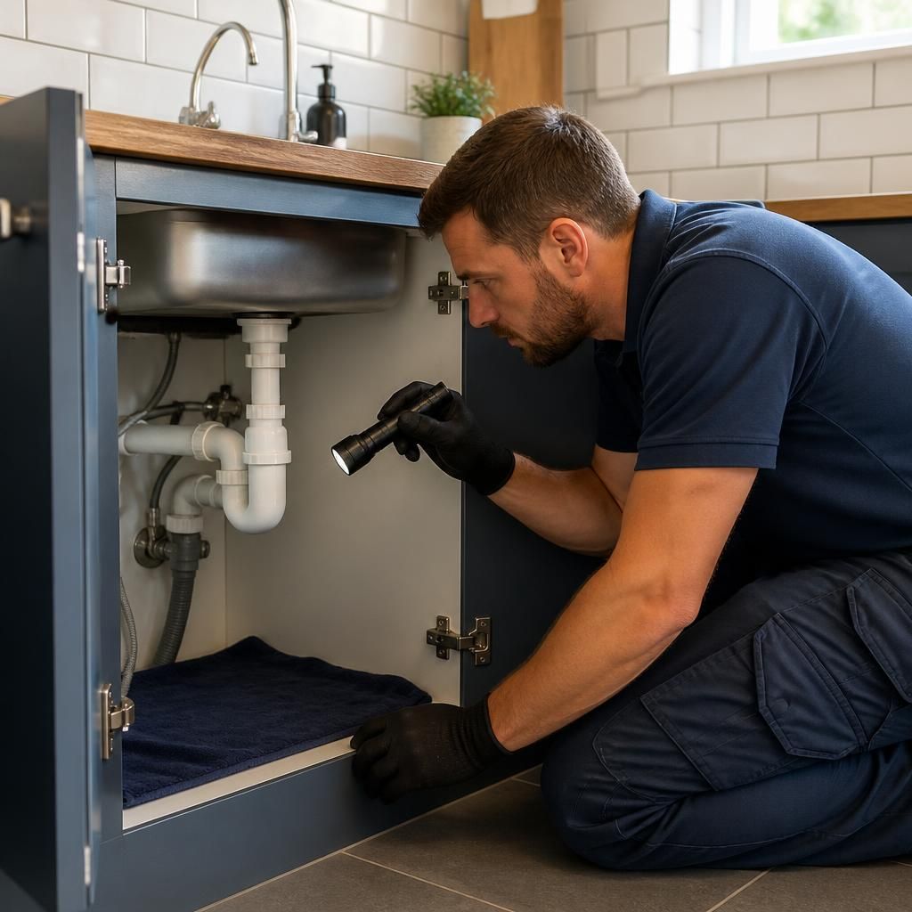 Plumber inspecting pipework beneath a kitchen sink during a domestic leak detection visit