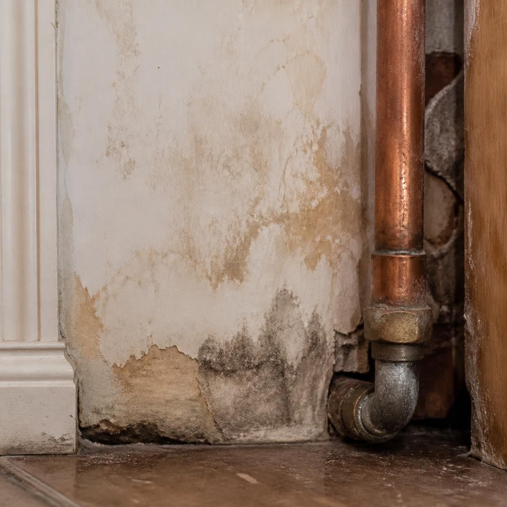 Damp-stained wall beside an exposed plumbing pipe