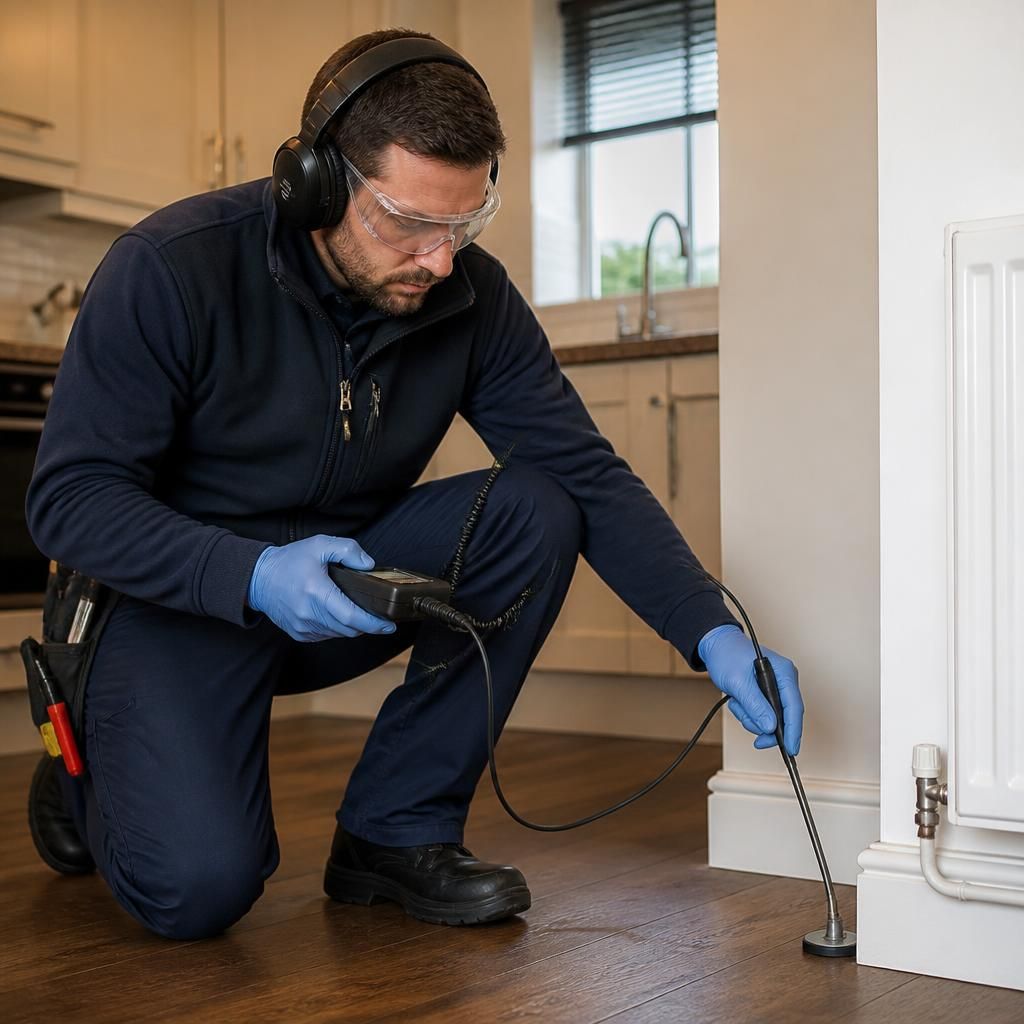 Plumber using acoustic equipment to test pipes for a concealed water leak